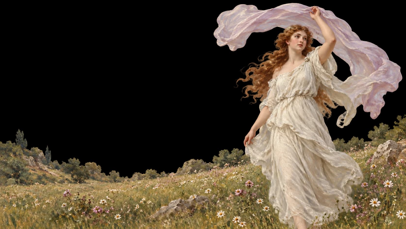A painted goddess surrounded by wildflower fields, with the sky removed.